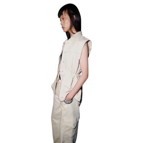 Pantalon cargo en coton beige uni à coupe large muni d'un zip et d'une agrafe - Image 5