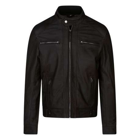 Blouson en cuir de buffle marron uni avec une coupe droite et un col motard