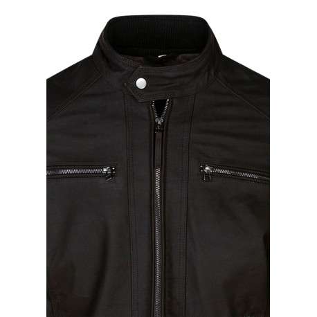 Blouson en cuir de buffle marron uni avec une coupe droite et un col motard - Image 3
