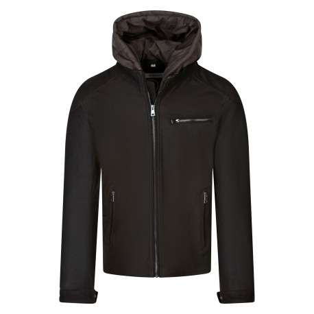Blouson en cuir de buffle marron uni avec une coupe droite et un col à capuche