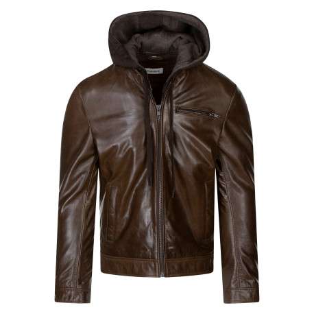 Blouson en cuir de buffle marron uni avec une coupe droite et un col à capuche