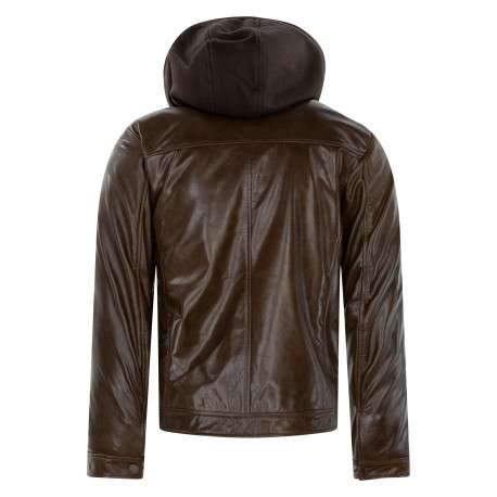 Blouson en cuir de buffle marron uni avec une coupe droite et un col à capuche - Image 2
