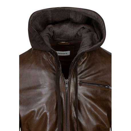 Blouson en cuir de buffle marron uni avec une coupe droite et un col à capuche - Image 3
