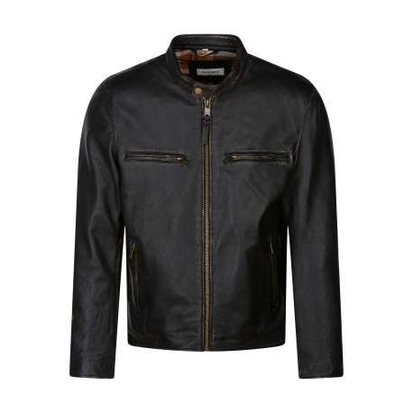 Blouson en cuir noir uni avec une coupe droite et un col motard