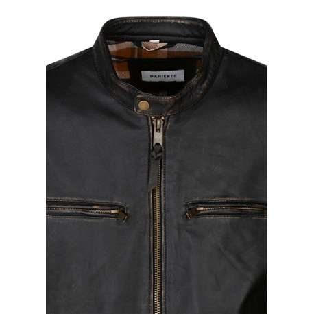 Blouson en cuir noir uni avec une coupe droite et un col motard - Image 3