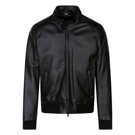 Blouson en cuir de mouton noir uni avec une coupe droite et un col boutonné