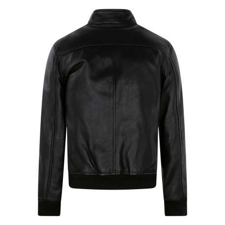 Blouson en cuir de mouton noir uni avec une coupe droite et un col boutonné - Image 2
