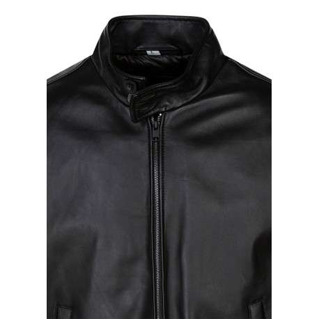Blouson en cuir de mouton noir uni avec une coupe droite et un col boutonné - Image 3