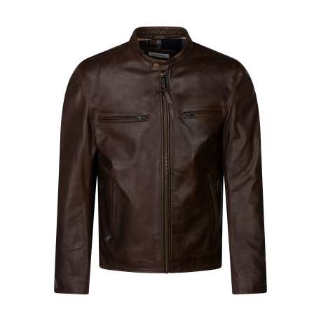 Blouson en cuir marron uni avec une coupe droite et un col motard