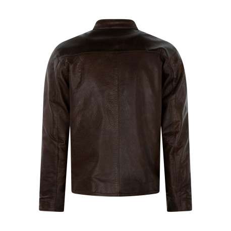 Blouson en cuir marron uni avec une coupe droite et un col motard - Image 2