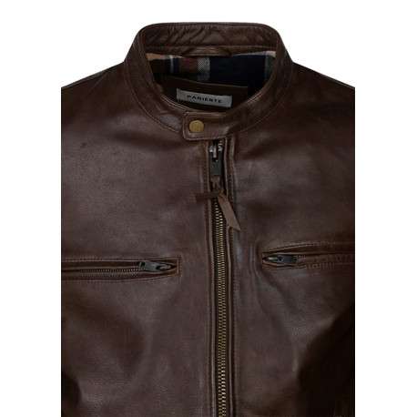 Blouson en cuir marron uni avec une coupe droite et un col motard - Image 3