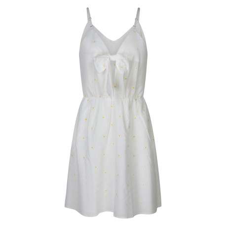 Robe courte en coton écru floral avec une coupe droite et un col v