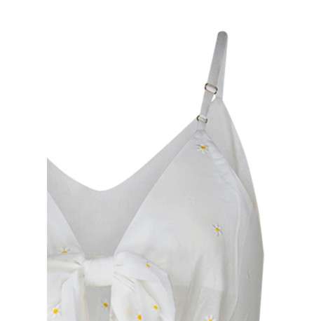 Robe courte en coton écru floral avec une coupe droite et un col v - Image 3