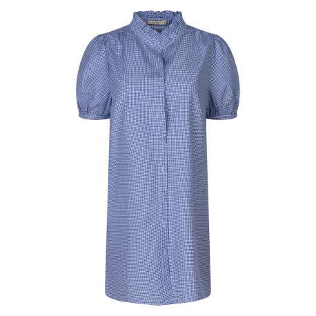 Robe courte en coton marine à carreaux avec une coupe droite et un col montant