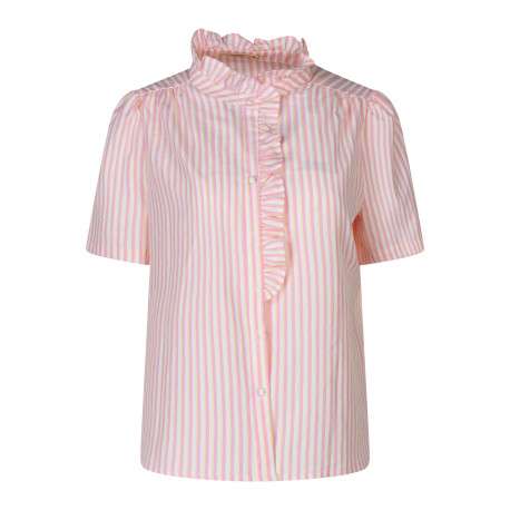 Chemisier en coton rose à rayures avec une coupe droite et un col montant