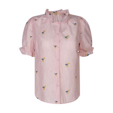 Chemisier en coton rose à rayures avec une coupe droite et un col montant