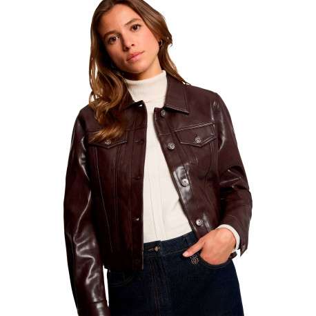 Blouson bordeaux uni avec une coupe droite et un col à revers - Image 4