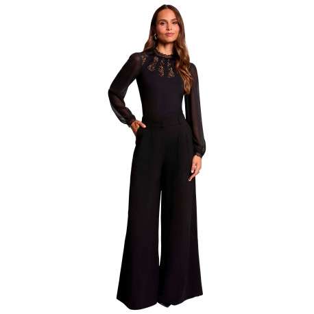 Pantalon noir uni avec une coupe large muni d'un zip et d'une agrafe - Image 2