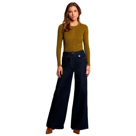 Jean en coton indigo avec une coupe bootcut muni d'un zip et d'un bouton - Image 2