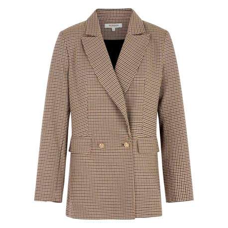 Blazer marron à motif pied-de-poule avec une coupe droite et un col à revers