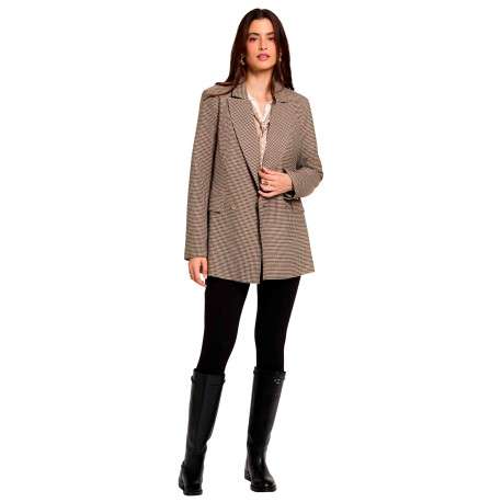 Blazer marron à motif pied-de-poule avec une coupe droite et un col à revers - Image 2