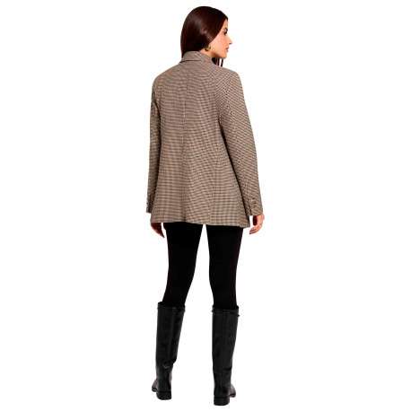 Blazer marron à motif pied-de-poule avec une coupe droite et un col à revers - Image 3