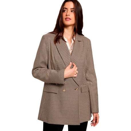 Blazer marron à motif pied-de-poule avec une coupe droite et un col à revers - Image 4