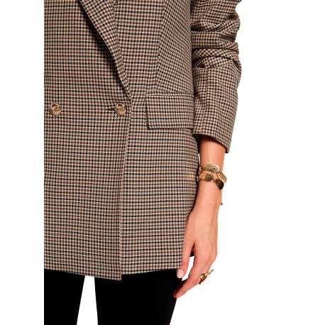 Blazer marron à motif pied-de-poule avec une coupe droite et un col à revers - Image 5