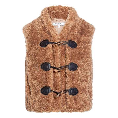 Blouson taupe uni sans manche avec une coupe droite et un col rond