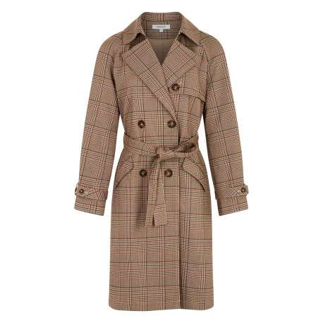 Trench taupe à carreaux avec une coupe droite et un col à revers