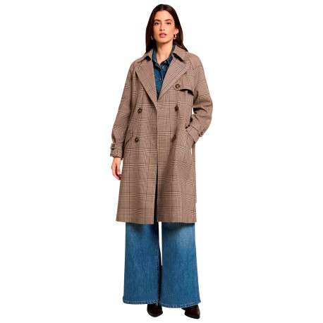 Trench taupe à carreaux avec une coupe droite et un col à revers - Image 2