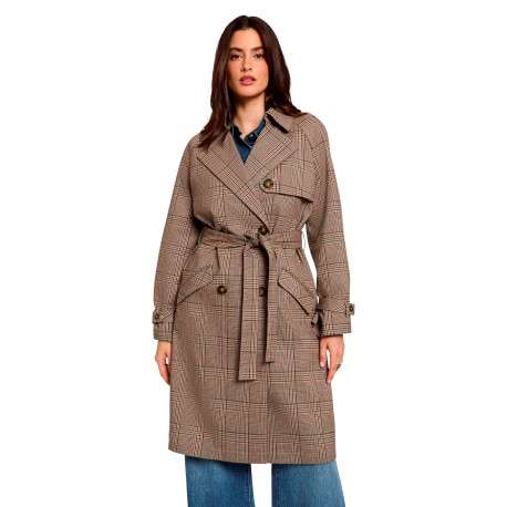 Trench taupe à carreaux avec une coupe droite et un col à revers - Image 4