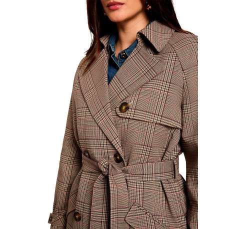 Trench taupe à carreaux avec une coupe droite et un col à revers - Image 5