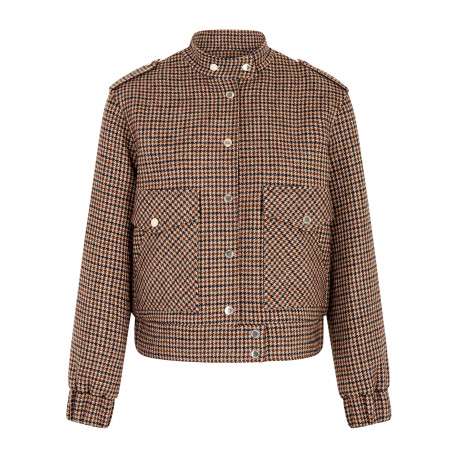 Blouson camel à motif pied-de-poule avec une coupe droite et un col montant