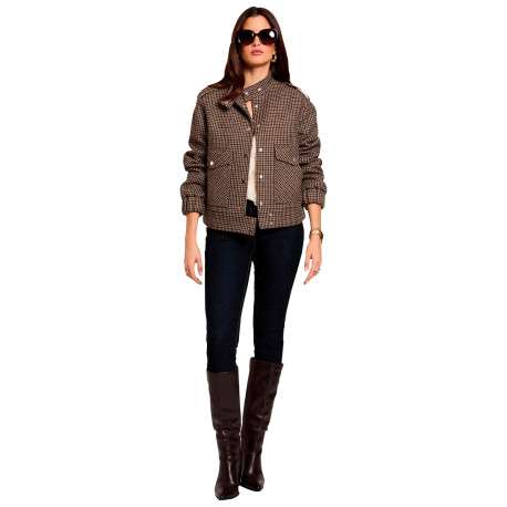 Blouson camel à motif pied-de-poule avec une coupe droite et un col montant - Image 2