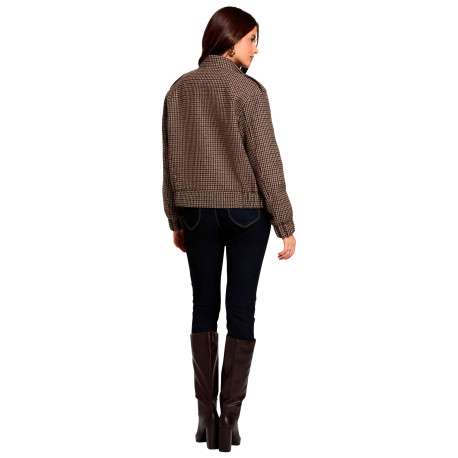 Blouson camel à motif pied-de-poule avec une coupe droite et un col montant - Image 3