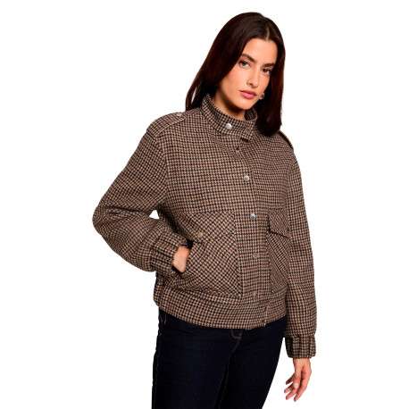 Blouson camel à motif pied-de-poule avec une coupe droite et un col montant - Image 4