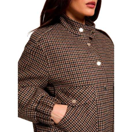 Blouson camel à motif pied-de-poule avec une coupe droite et un col montant - Image 5