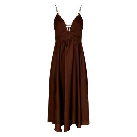 Robe longue marron unie avec une coupe cintrée et un col V