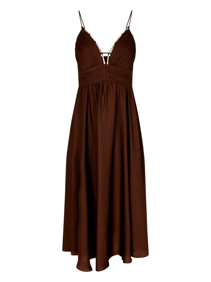 Robe longue marron unie avec une coupe cintrée et un col V