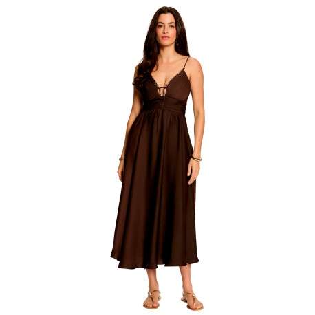 Robe longue marron unie avec une coupe cintrée et un col V - Image 2