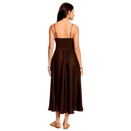 Robe longue marron unie avec une coupe cintrée et un col V - Image 3