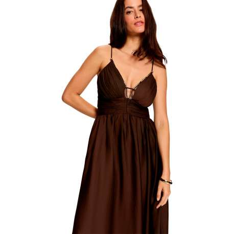 Robe longue marron unie avec une coupe cintrée et un col V - Image 4
