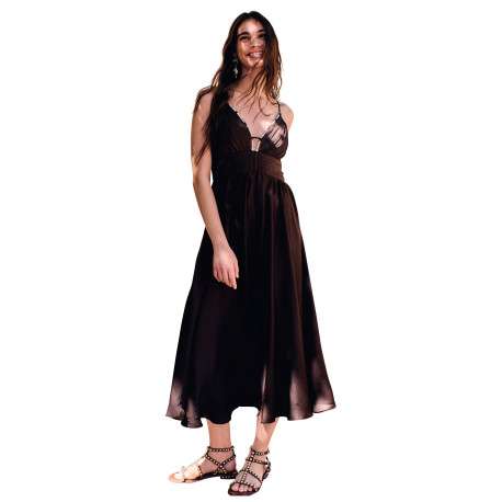 Robe longue marron unie avec une coupe cintrée et un col V - Image 6