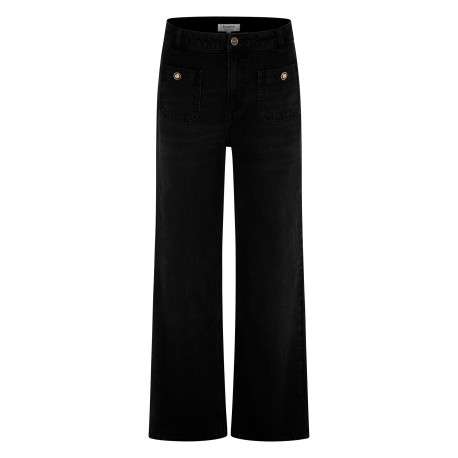 Jean en coton noir avec une coupe bootcut muni d'un zip et d'un bouton