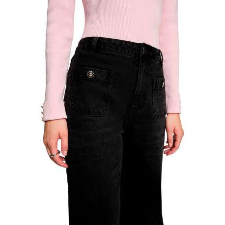 Jean en coton noir avec une coupe bootcut muni d'un zip et d'un bouton - Image 5