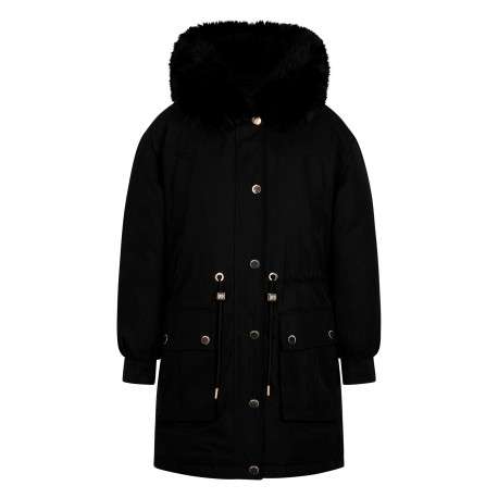 Parka noire unie à capuche avec une coupe droite et des manches longues
