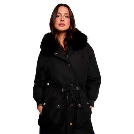Parka noire unie à capuche avec une coupe droite et des manches longues - Image 4