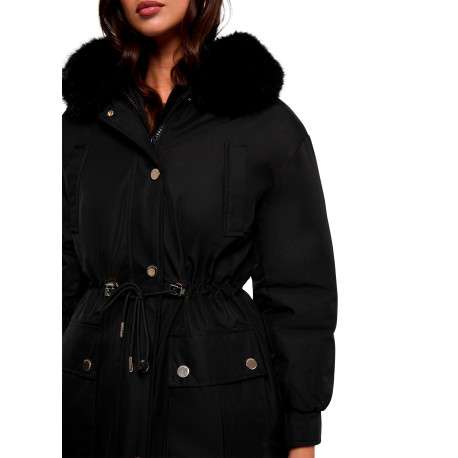 Parka noire unie à capuche avec une coupe droite et des manches longues - Image 5