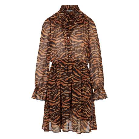Robe courte chocolat à motif animalier avec une coupe fluide et un col montant